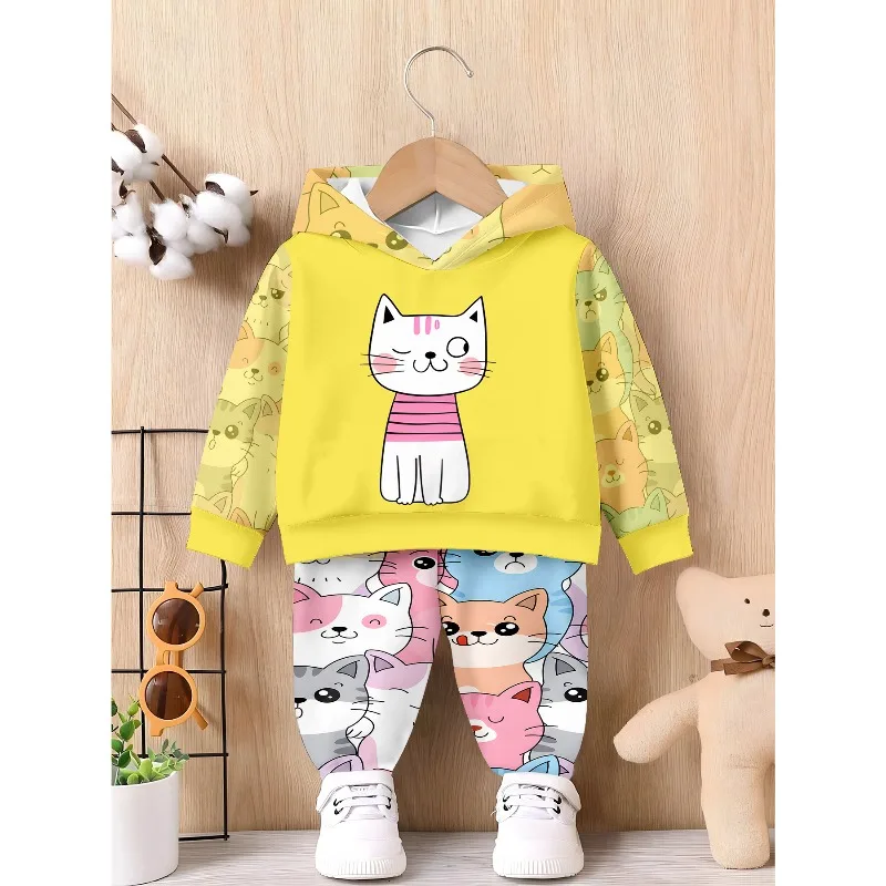 Kids Hoodie Jogger: Yellow Striped Cat Print, Multi-color Cartoon Cat Allover Pattern, Flower Crown Cat Graphic Kid Tracksuit
