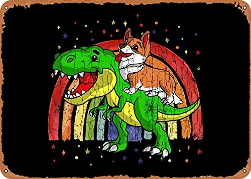 Corgi Riding Dinosaur Appa Vintage Look Metal Sign Patent Art Prints Retro Gift 8x12 Inch