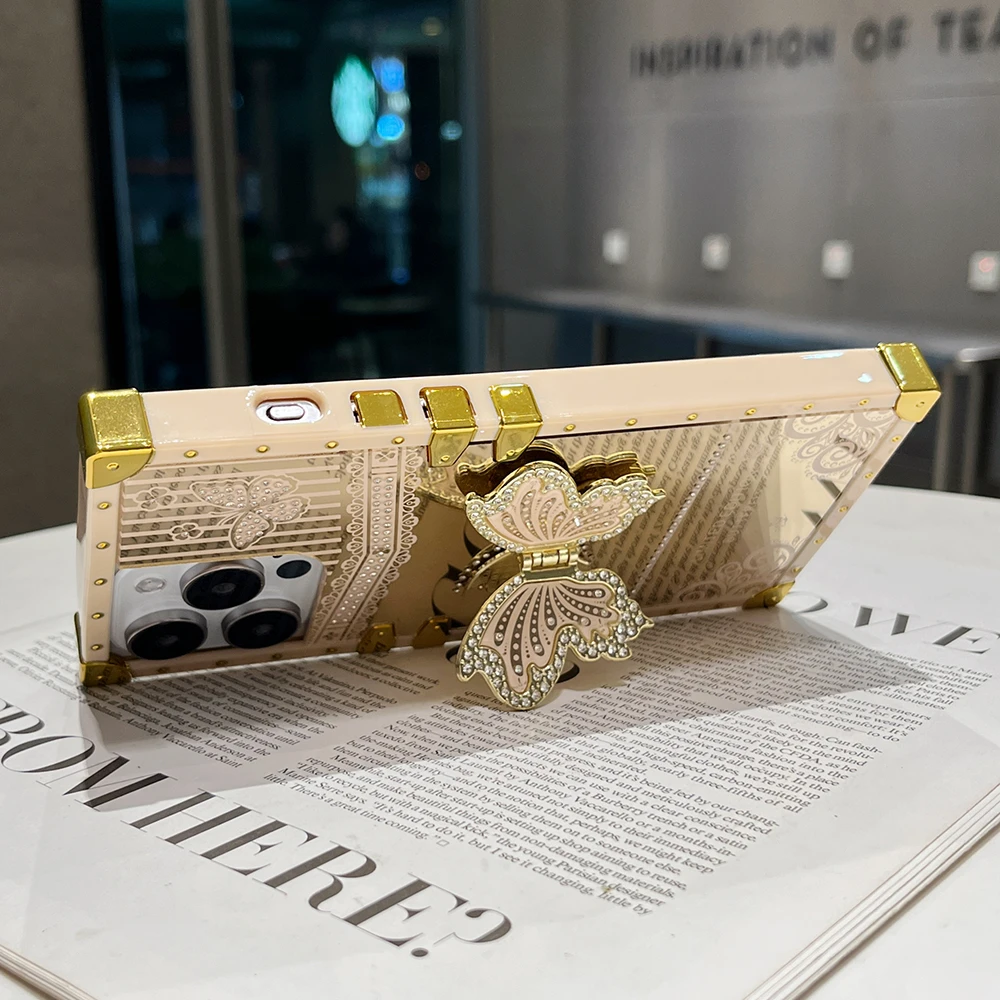 الفاخرة الماس فراشة قوس حامل جراب هاتف آيفون 16 15 برو ماكس 14 13 12 11 مرآة للصدمات حماية غطاء الوفير