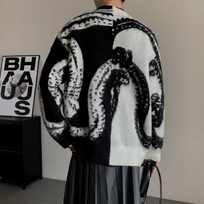 WVGA ربيع الخريف جديد الرجال المد المتضخم ياماموتو نمط محبوك البلوزات المتخصصة شيك سترة غير رسمية الخامس الرقبة معاطف Ins Y2K W16238 #2