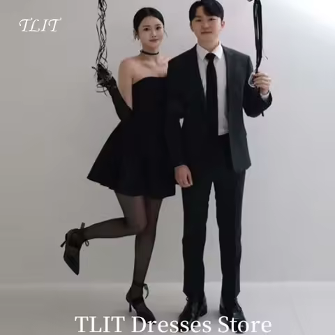 TLIT Simple Black Satin Evening Gown Dress Wedding Dress Photo Shoot Stapless Prom Gown Mini-Length Customized Formal Party