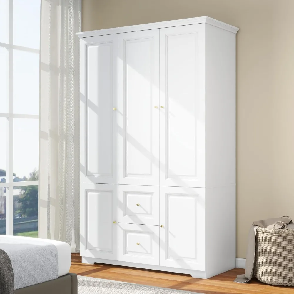 

Bedroom Armoires Wardrobe with 3 Doors: 74" White Cabinet with 2 Drawers, Large Wooden Closet for Hanging Clothes, Modern Storag