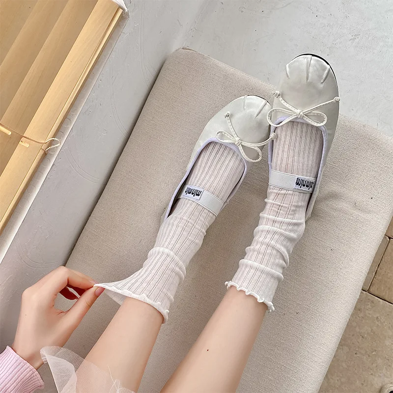 Summer Thin Breathable Ruffle Socks Women Korean Fashion Solid Color Loose Long Socks JK Japanese Style Lolita Kawaii Cute Socks