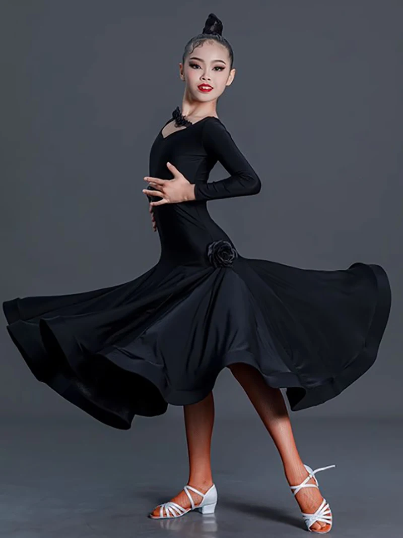 

Kids Girls Modern Dancewear Waltz Social Dance Long Sleeve Black Swing Skirts Ballroom Costumes Figure Skating Dresses