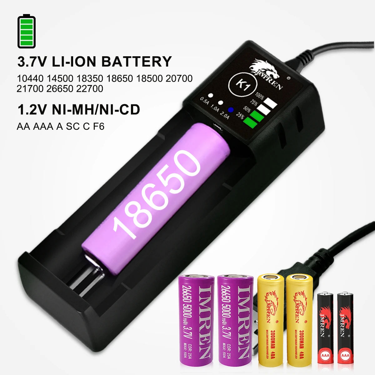 IMREN K1 Baterai Isi Ulang 5V2A USB Charger 14500 16650 17650 18650 26650 21700 18350 AA Lithium AAA NiMH Baterai Ni-cd