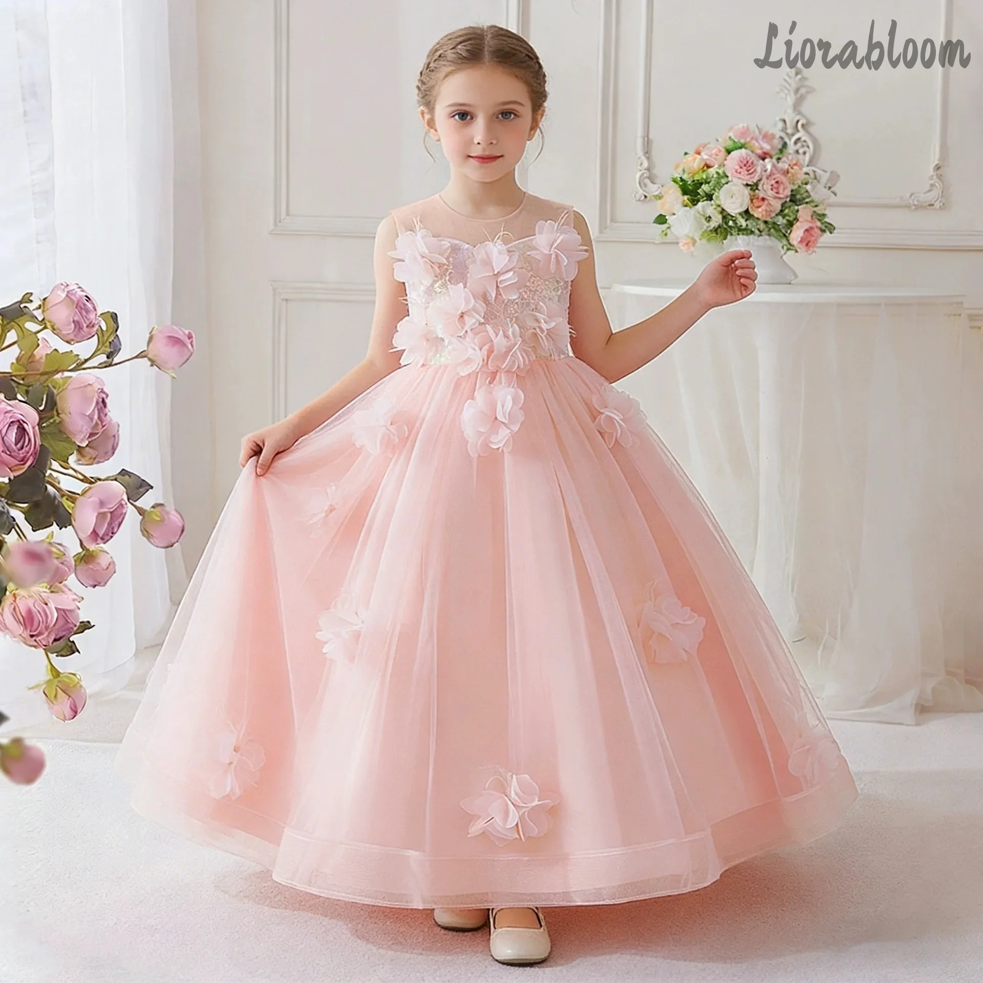 

Pink Princess Gown with Full Skirt Formal Ball Gown featuring Bow Accents Flower Girls Parties Elegant Formal Occasions