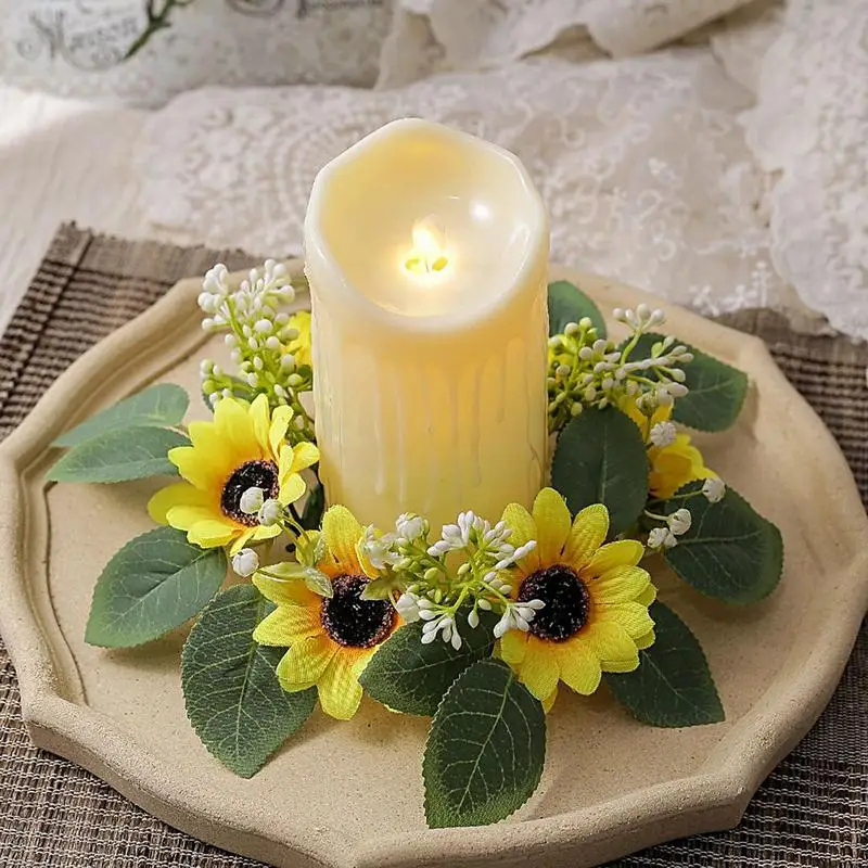 Floral Candle Rings Artificial Green Eucalyptus Yellow Sunflower Candle Ring Wreath 9.84in Rustic Country Theme Decor Flower