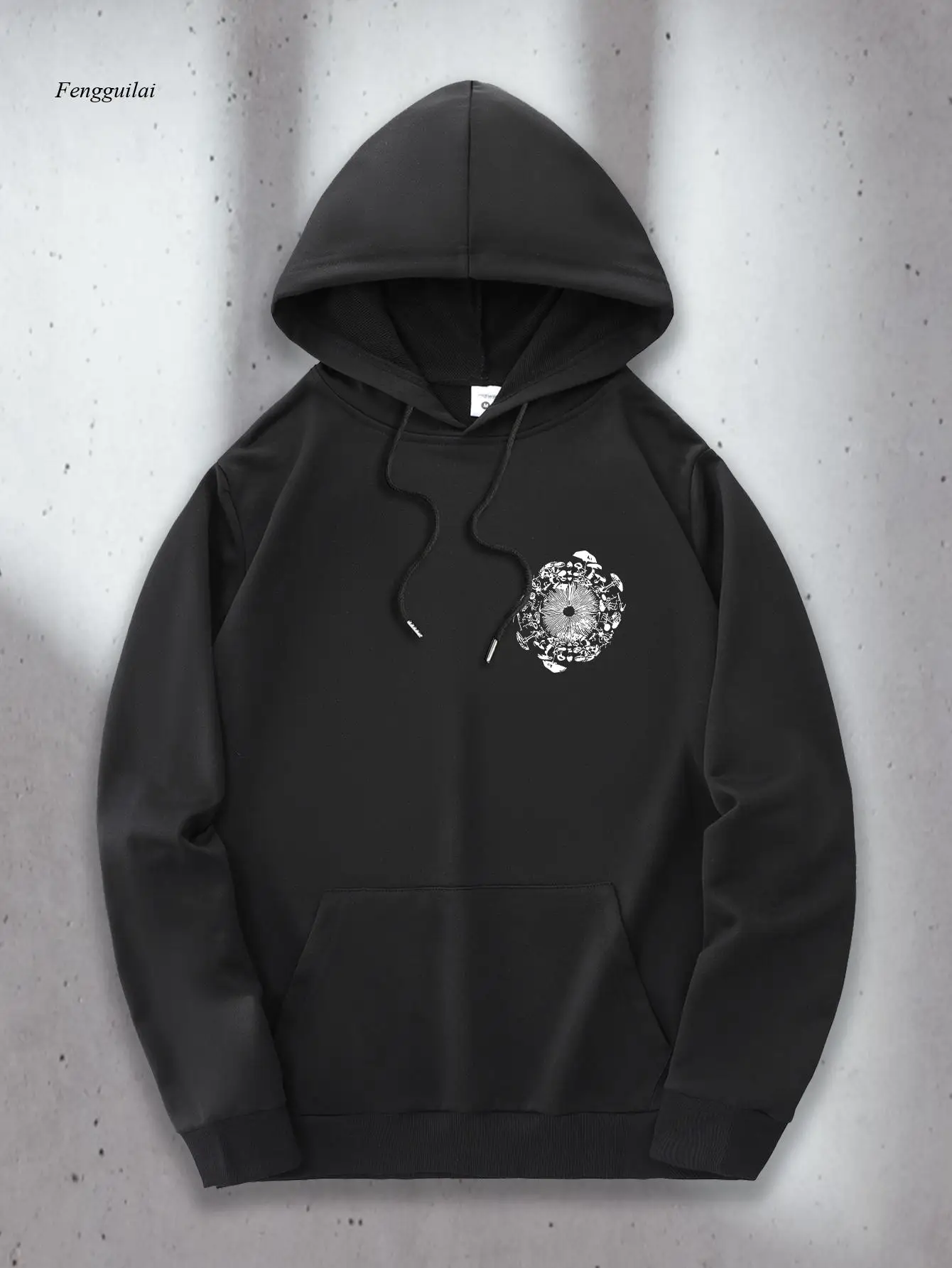 هوديي - سويت شيرت أسود/أبيض بطباعة أمامية وخلفية تشبه الأزهار، بلوفر من القماش الناعم مع غطاء رأس برباط للمناسبات غير الرسمية