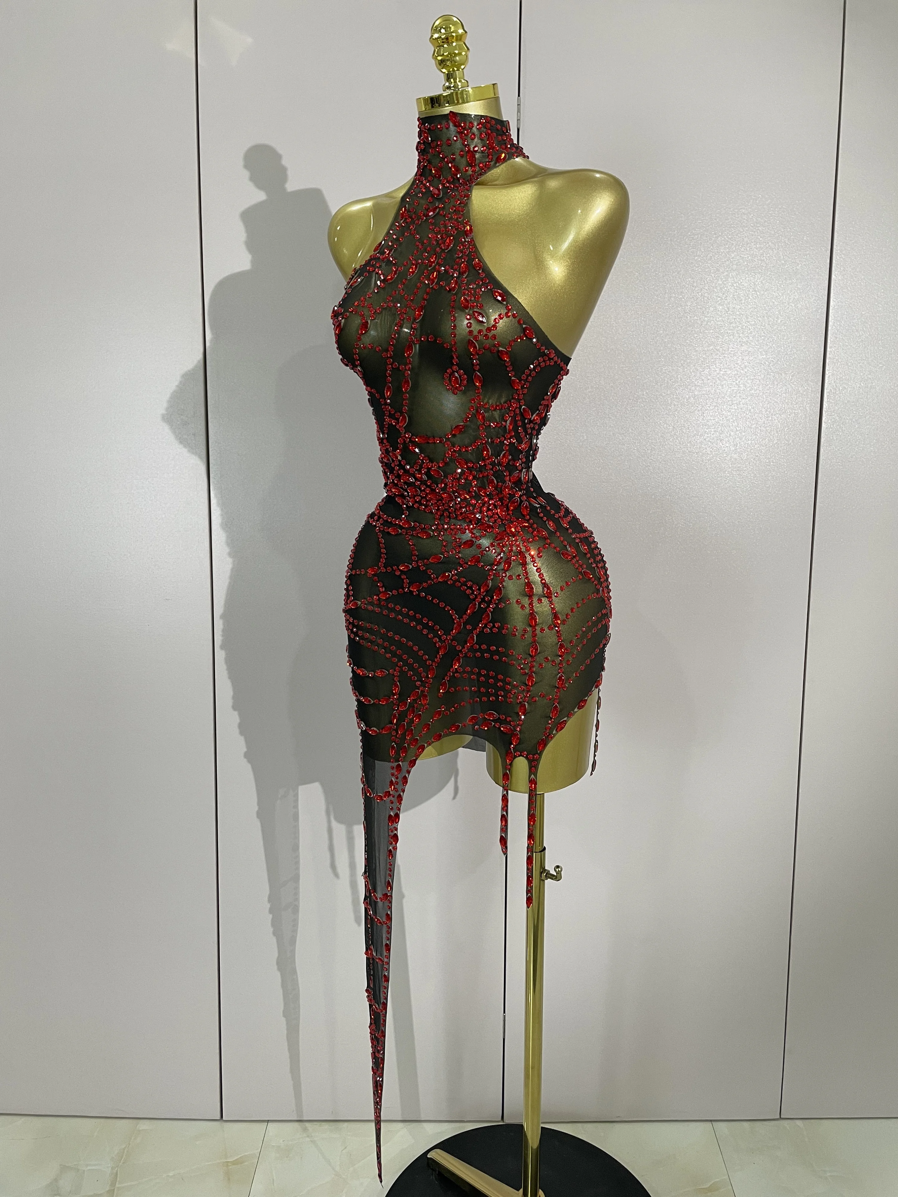 New Sparkly Diamonds Sexy Mesh Asymmetric Stretch Mini Dress Women Nightclub Bar Party Show Gogo Dancer Halloween Stage Costume