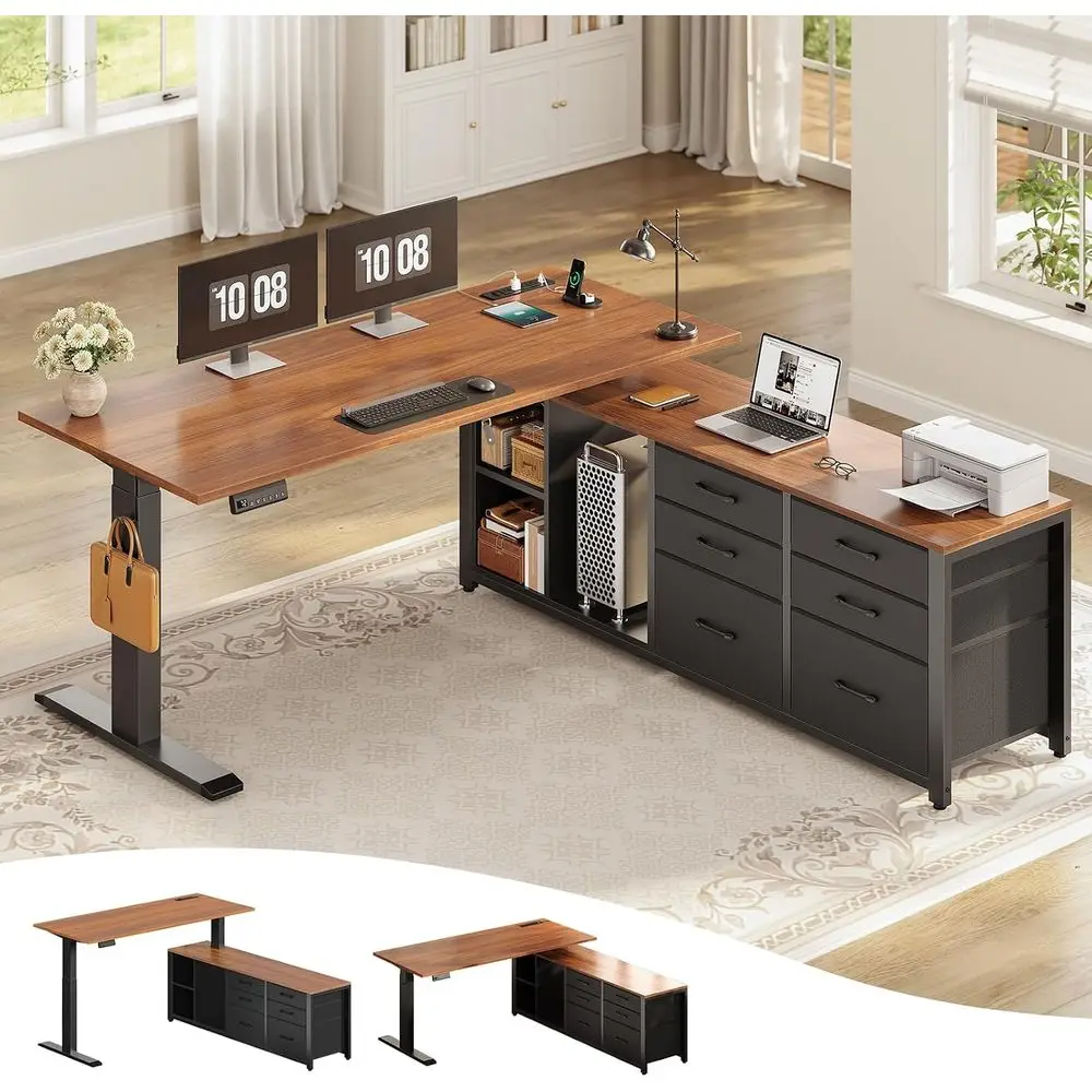55x55 L-Shaped Electric Desk, Adjustable Height, 6 Fabric Drawers, Storage, Power Outlet, Black/Brown