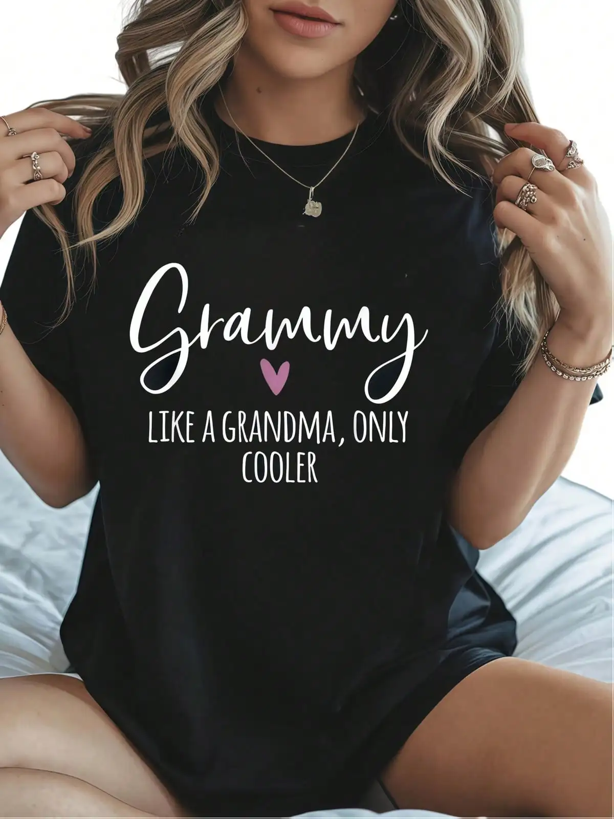 Plus Size - Plus Size, Grammy Is Just Like Grandma Only Cooler Heart Mother'S Day Grammy T-Shirt, Men'S And Women'S Four Seasons Casual Round Neck Outdoor Short Sleeve Tee, Ladies Summer Wear, Slightly Elastic 100% Pure