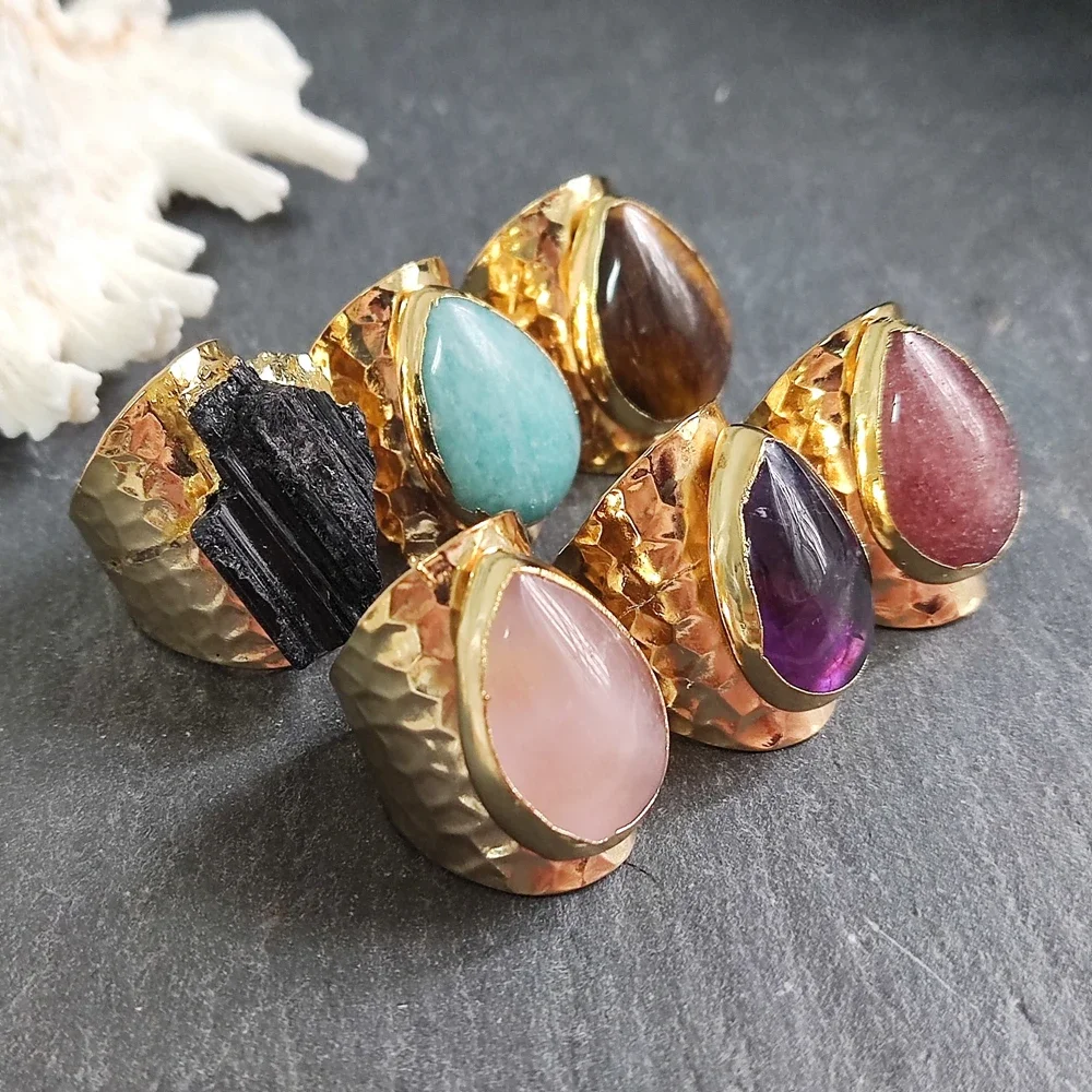 Gold Plated Teardrop Shape Natuarl Gems Amethyst Amazonite Crystal Stone Adjustable Rings for Women Men Fashion Jewelry
