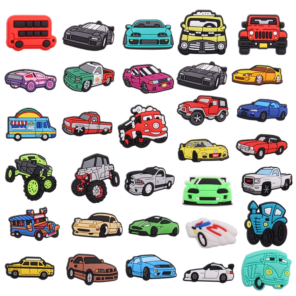 Single Sale 1PCS PVC Shoe Charms Kawaii Car Racing Sports Car Van Truck Bus Slipper Accessories Children Adorable Decorations