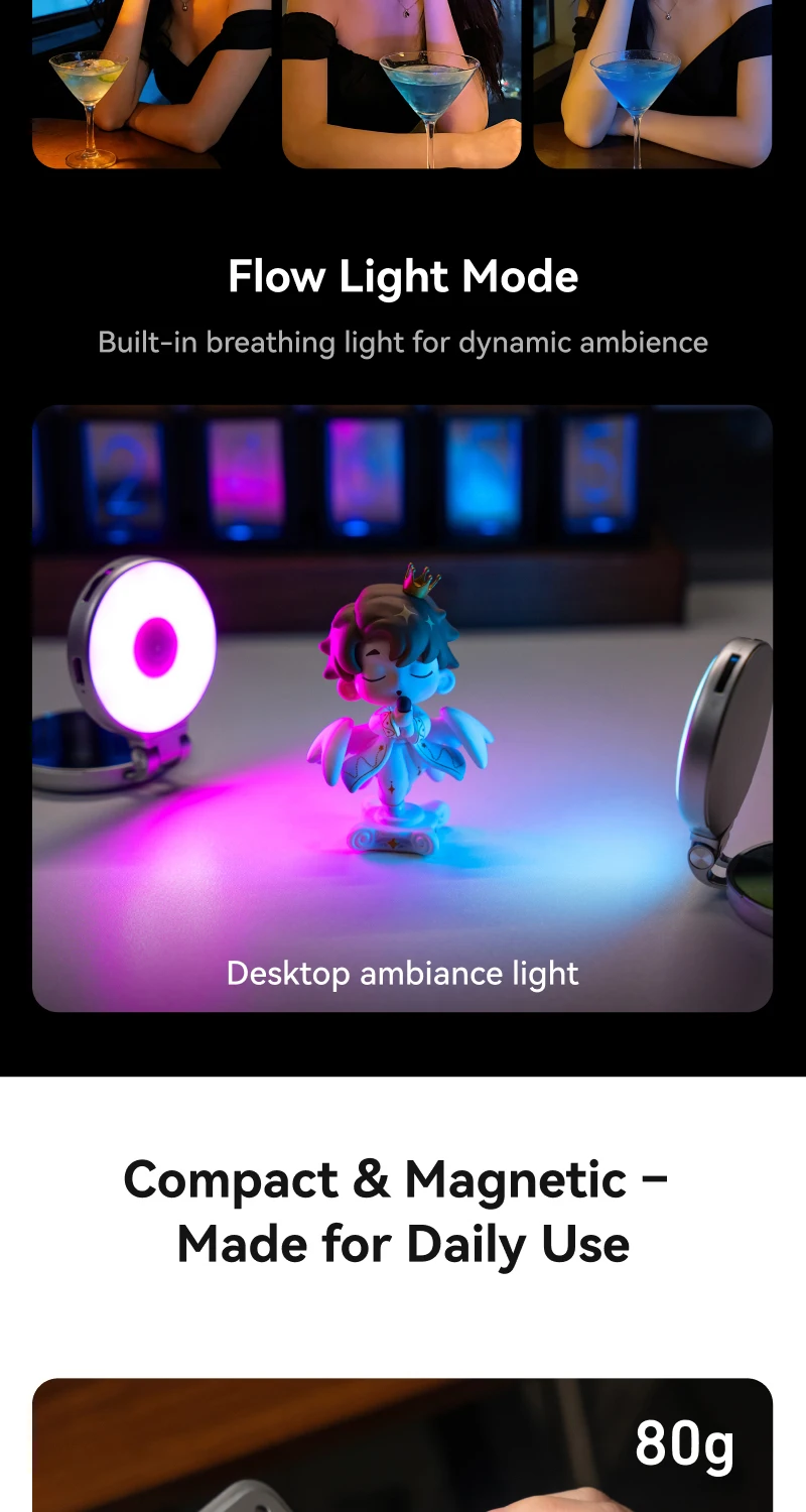 TELESIN Magnetisch 360° ° Rotierendes RGB-Füllicht Mini-Selfie-Licht 3 Modi Einstellbare Farbe und Helligkeit für Smartphone iPhone Android – Detail 6