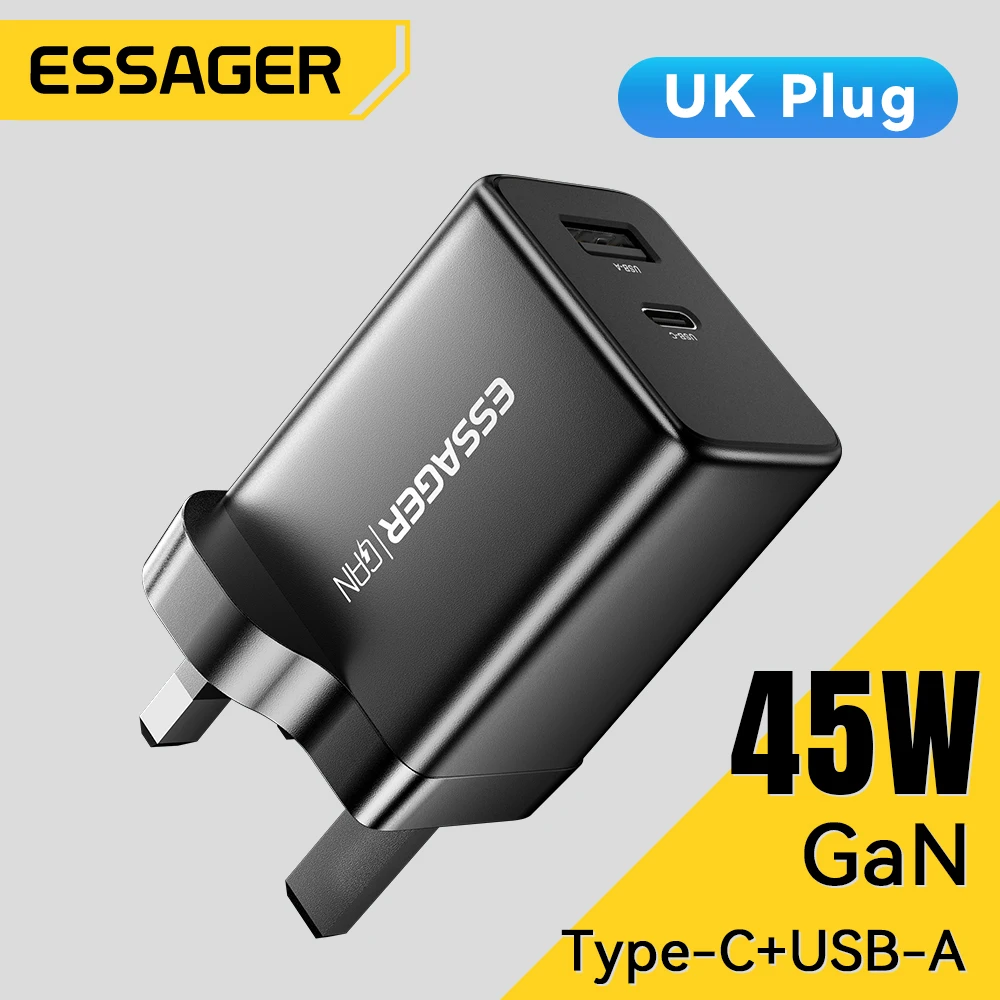 

Essager UK Plug 45 Вт GaN Зарядное устройство PD QC 3.0 Быстрое зарядное устройство для Samsung S25 S24 Ultra для iPhone 17 16 15 14 Pro Max Дорожное зарядное устройство
