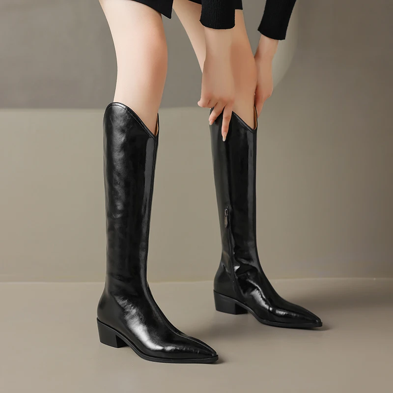 Petite Feet Split Leather Women Knee High Boots Black Brown Beige Mid Heels Oversize Side Half Zipper Pointed Toe Western Boots