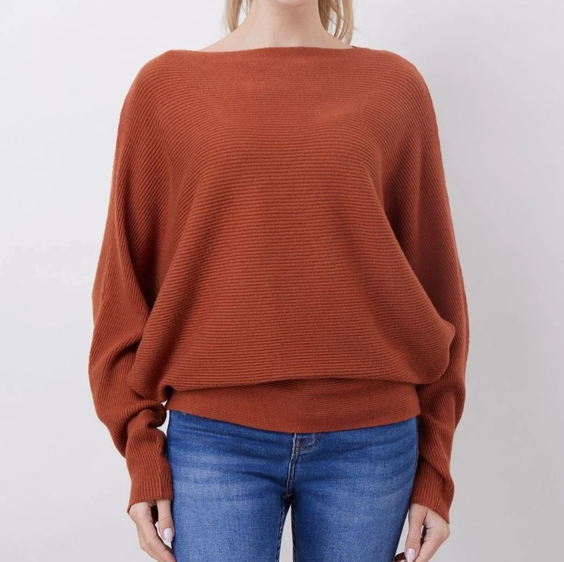 

Women Knitted Long Batwing Sleeves Loose Sweater Autumn Outstreet High Stretch Knitwear Wide Collar Pullover Knits