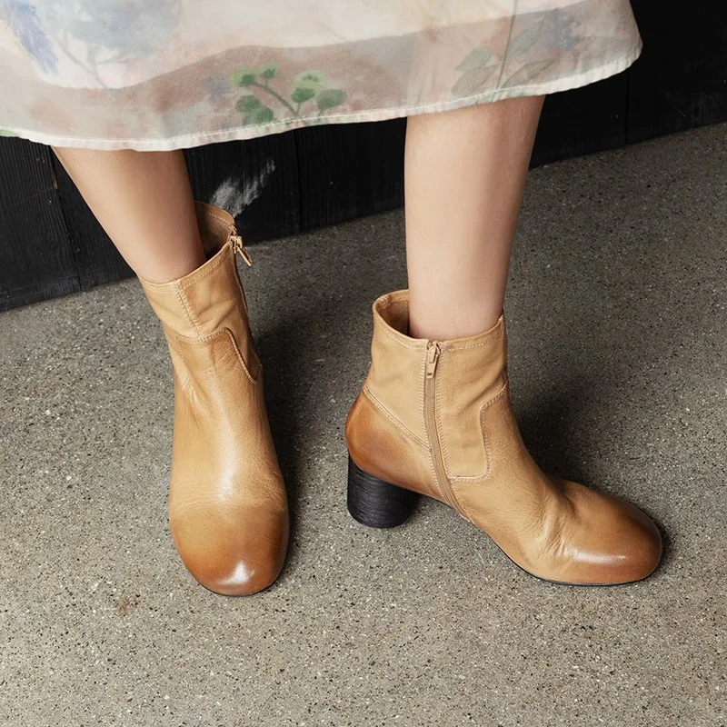 Dilalula 2027 Vintage Distressed Cow Leather Ankle Boots Women Square Toe Mid Heel Short Boots Lady Retro Casual Dress Boots