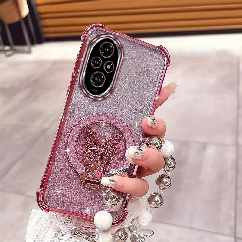 

200 Pro Butterfly Bracket Lanyard Plating Phone Case For Honor 200Pro 300Pro 400Lite 200 300 50SE 90 90 Magic 6Pro 7Pro Cover