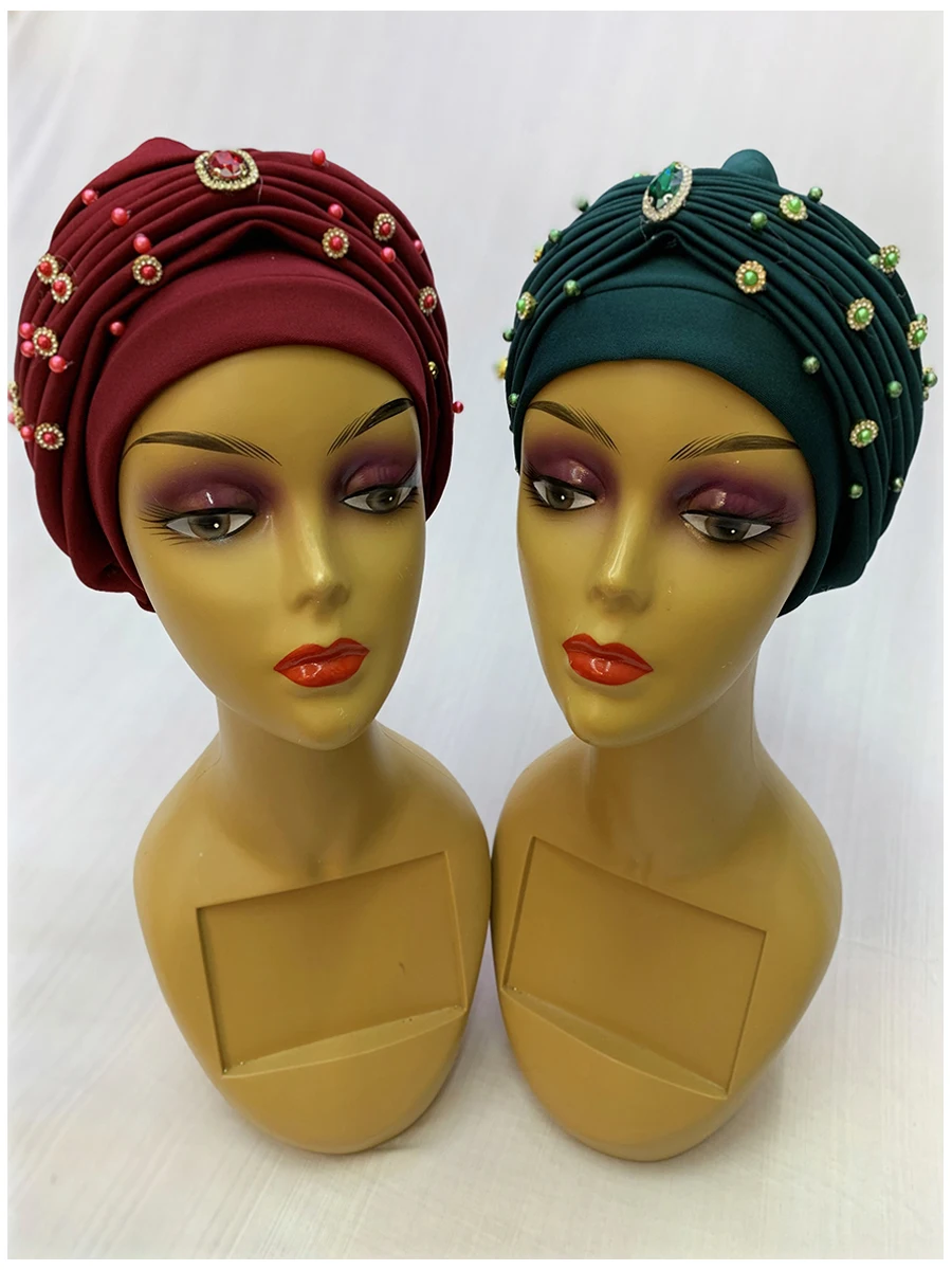 6/12 Pieces Fashion Muslim Female Turban Hat Bonnet Gold Velvet Hot Rhinestone Solid Indian Beanie Hair Bonnets Cap For Women