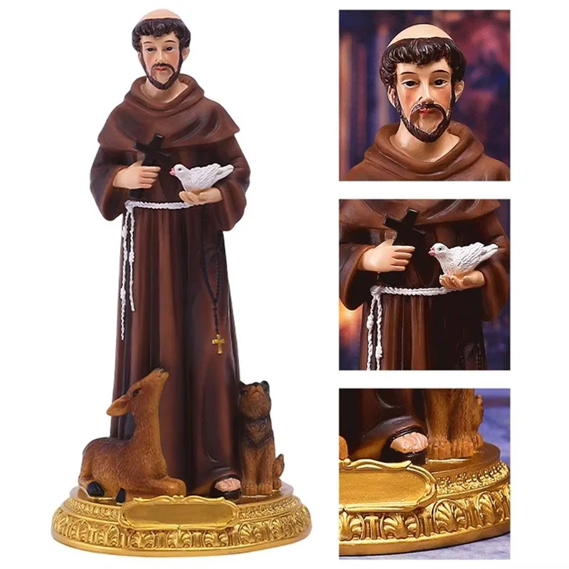 Statue de Francis en résine peinte à la main, Figurine avec colombes croisées, Sculpture de bureau, ornement, cadeau de noël pour la maison, AT51-St