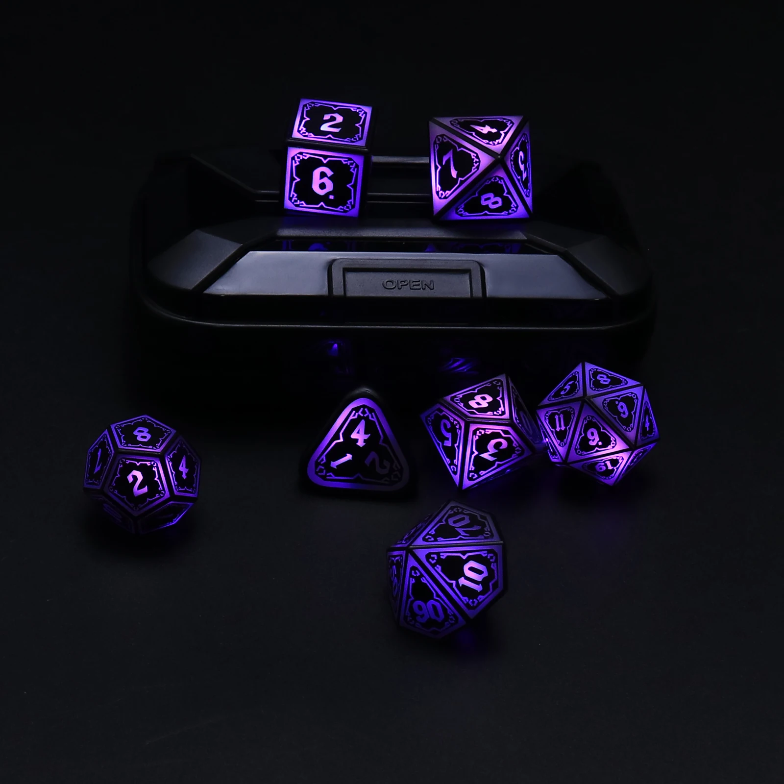Purple LED Dice 7pcs with Charging Box Polyhedral RPG Dice Set for Role Playing Table Game Halloween Gift