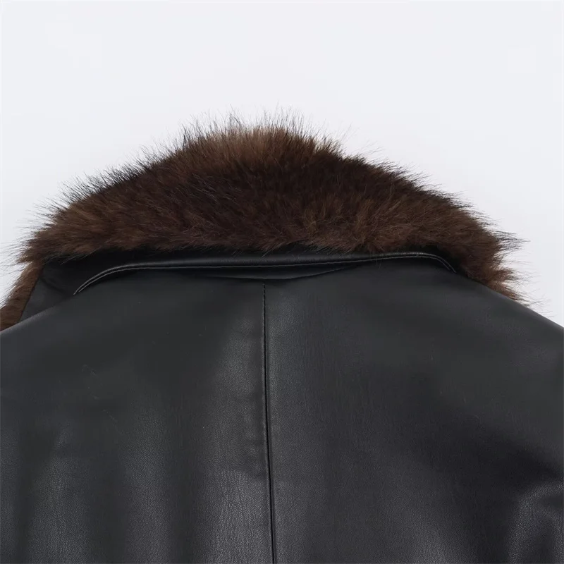 Damenmantel 2025, Herbst/Winter, neuer Stil, schwarzer Langarmmantel mit Kunstledereffekt und dekorativem Pelzkragen, High-End