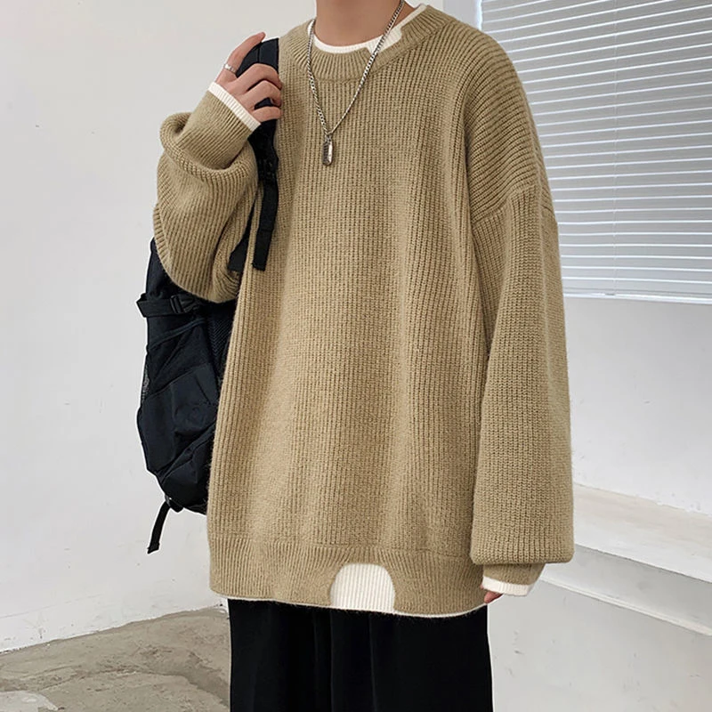 Spring And Autumn Fake Two Piece Long Sleeve Men O Neck Sweater Teenager Fashion All-match Oversized Knitted Couple Clothing Top