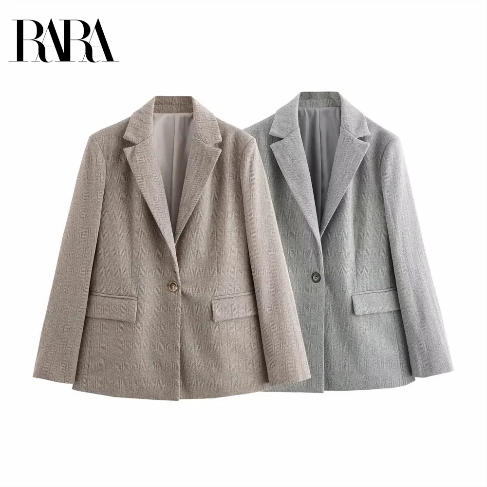 

2025 RARA Women's Blazers with Classic Lapel Single - button Closure and Flap Pockets in Light Brown and Grey