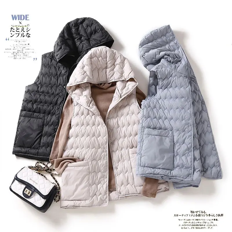

Lightweight Padded Hooded Jacket Cotton down Vest Shoulder Pad Women's Autumn Winter Coat Commute Style Single Button Closure