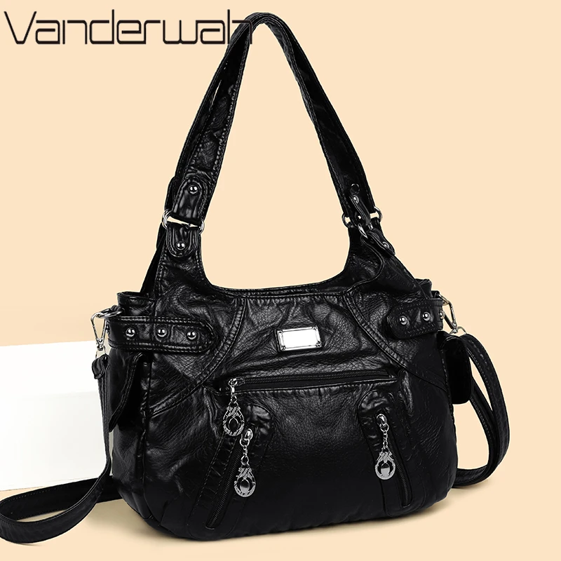 

Новинка: Роскошные женские сумки через плечо из мытой кожи, черные сумки-тоут, маленькие мотоциклетные сумки кросс-боди для женщин