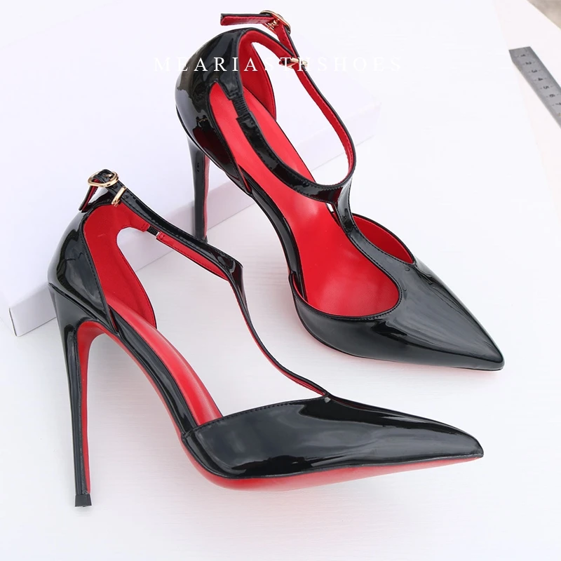 Sexy Red Sole Sandals Pointed-Toe High Heels For Women Stiletto Heel T-Strap Single Buckle Patent Leather Shoes Mature Summer view 6