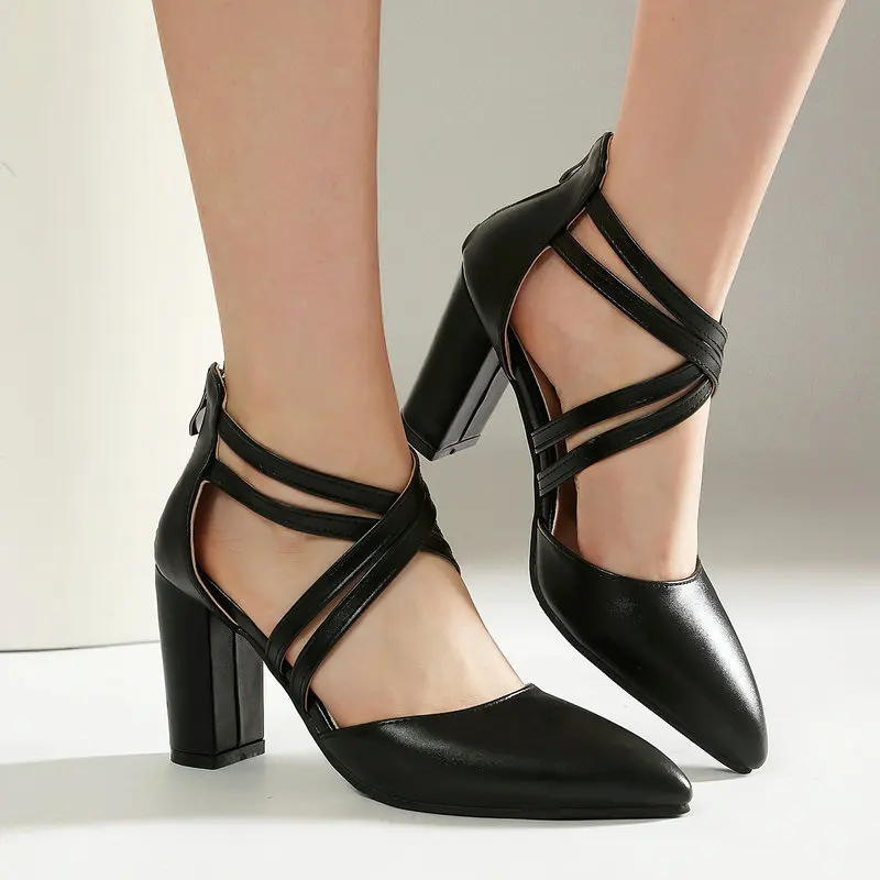 

Double Buckle Strap Pointed Closed Toe Black Summer Mary Janes Shoes Daily Office Career Block High Heels Sandals Big Size 42 43