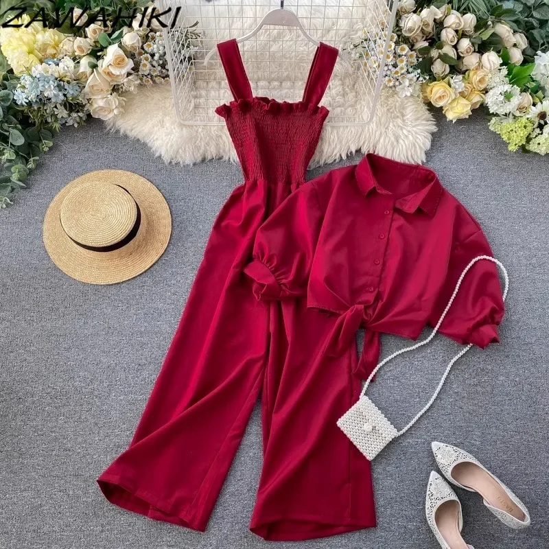 Elegante Tweedelige Set Dames Geplooide Hemdje Jumpsuit Met Wijde Pijpen Opstaande Hals Damesshirt Met Korte Mouwen Office Lady Ropa Mujer