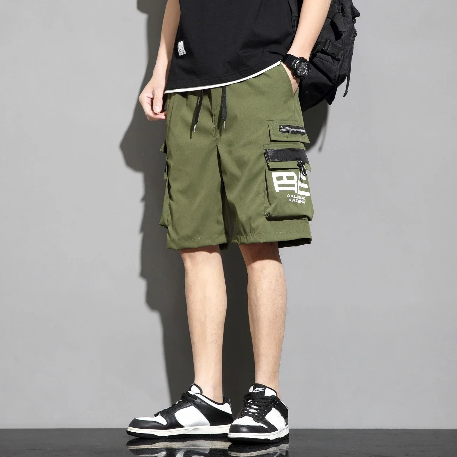 

Мешковатые полузеленые однотонные мужские шорты-карго, широкие с карманами, эластичная талия, бермуды, мужские короткие брюки, длинные свободные повседневные брюки
