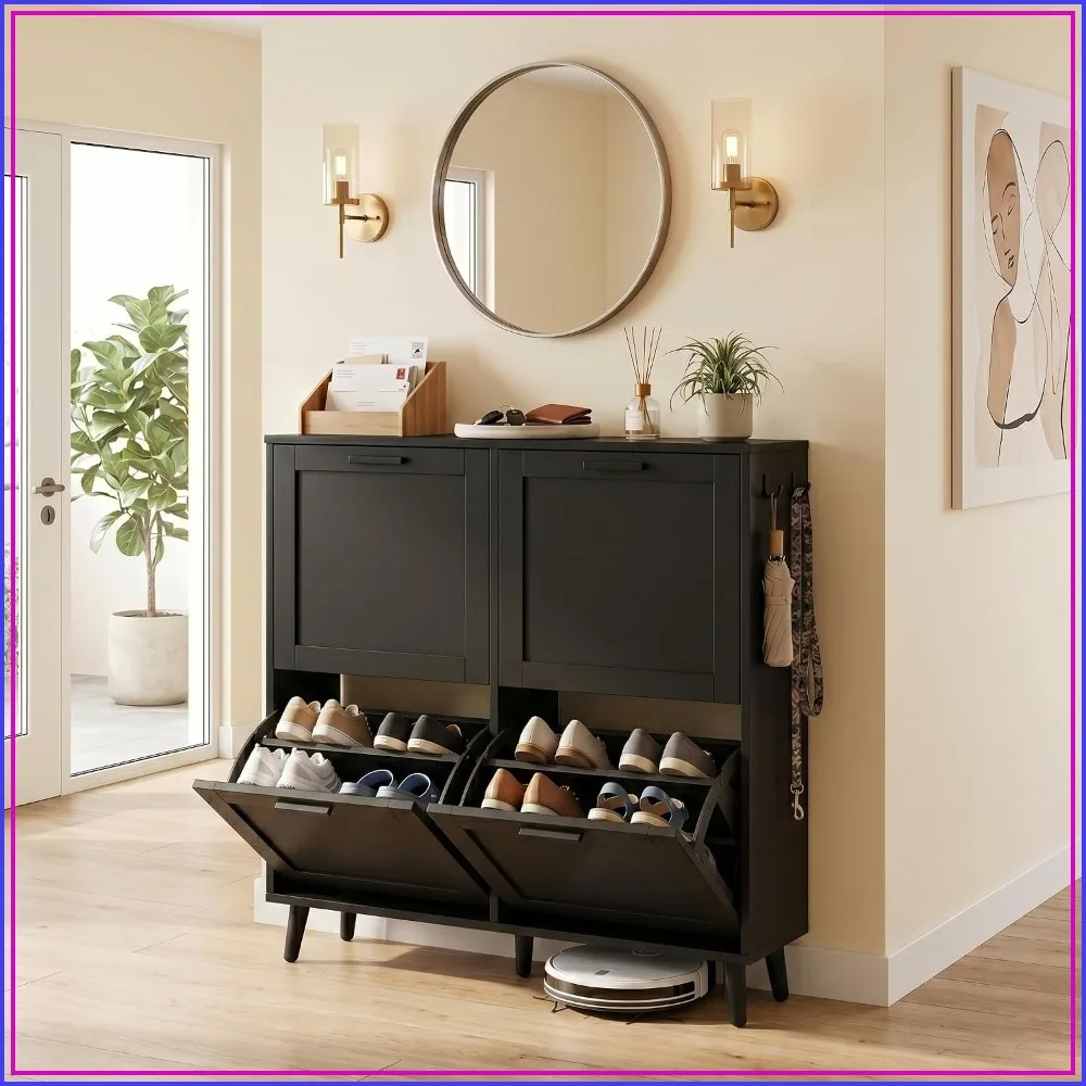 Large 4 Tier Shoe Cabinet for Size 16 - Freestanding Wooden Shoe Organizer with Flip-Up Doors, Black