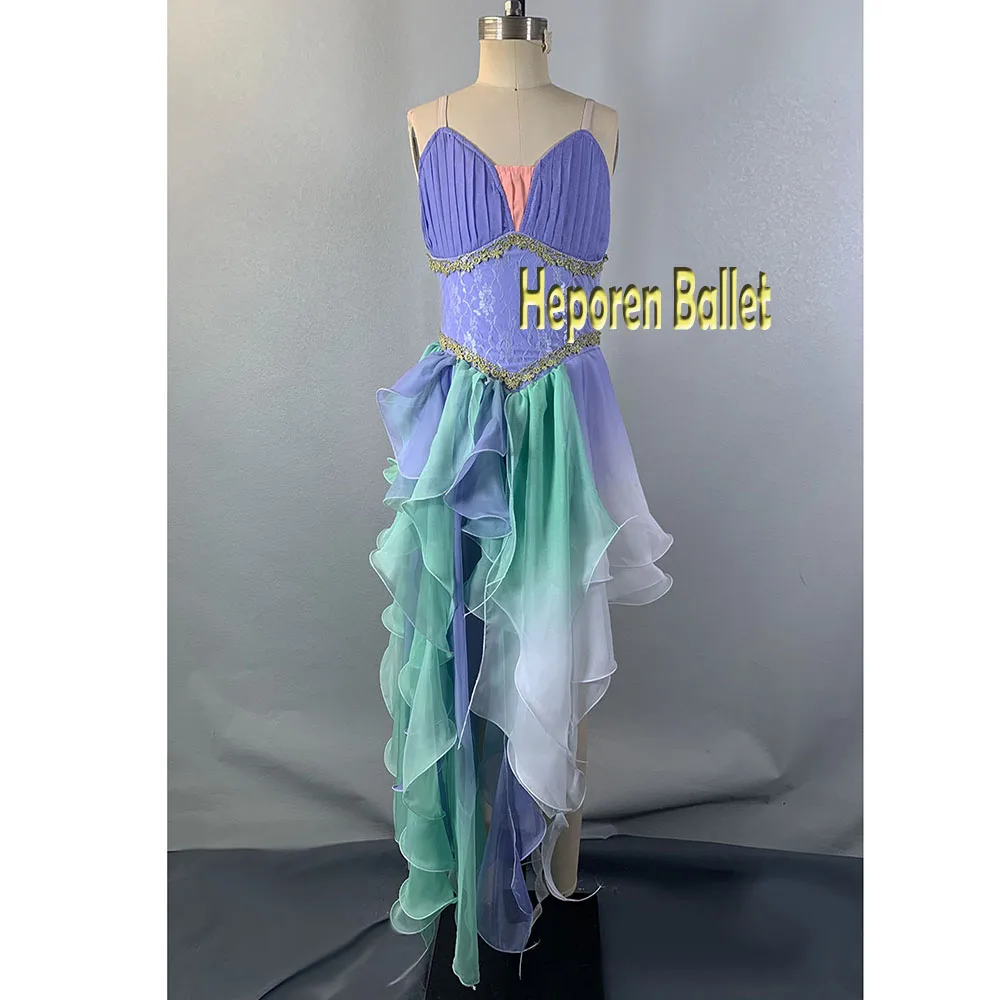 Mermaid Princess Ballet Dress With Long Tails Asymmetrical Layered Ombre Tulle,Custom Made For Performance Balet Dancewear