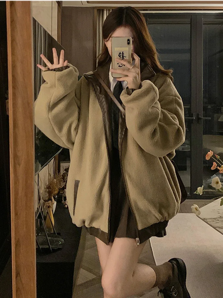 แฟชั่น PU หนังแจ็คเก็ต Lambswool Coat ทั้งสองด้านหญิง Y2K ฤดูหนาวใหม่กํามะหยี่หัวรถจักรผ้าฝ้ายเบาะ
