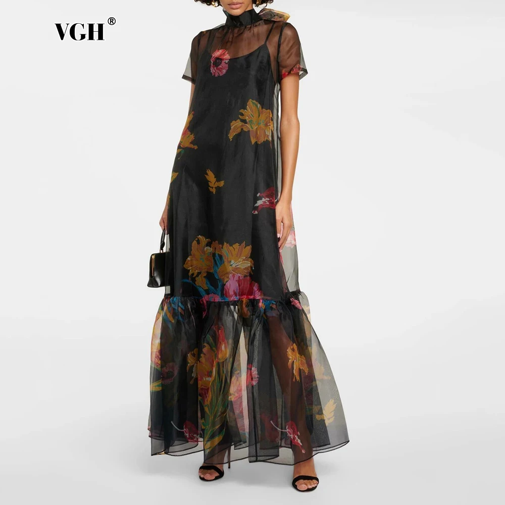 

VGH See Through Maxi Dress with Sling for Women Stand Collar Short Sleeve High Waist Patchwork Ruffles Printing Dresses Female
