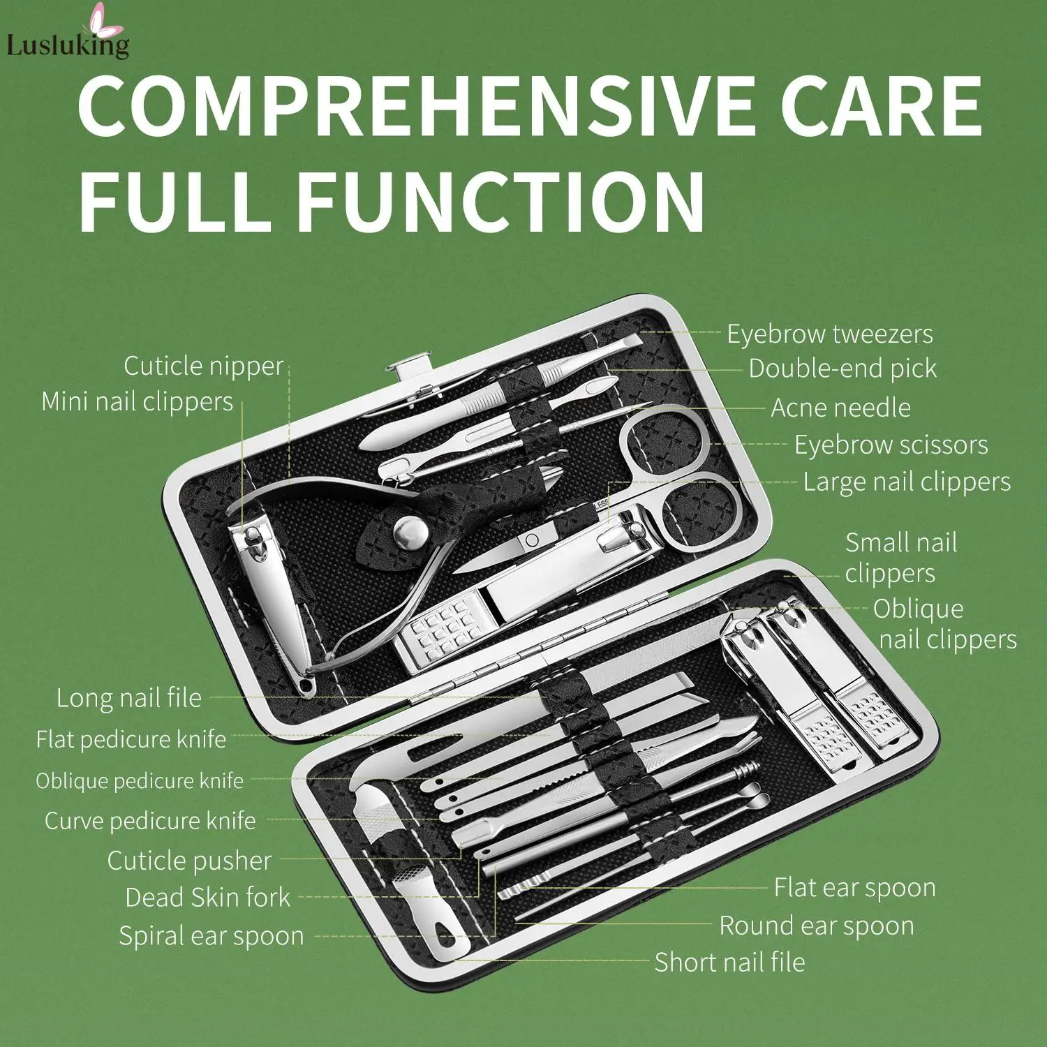 Juego de manicura de 9/16/19 Uds., cortaúñas de acero inoxidable negro, pinza para cutículas, pedicura, herramienta de cuidado profesional, Kit de limpieza y aseo