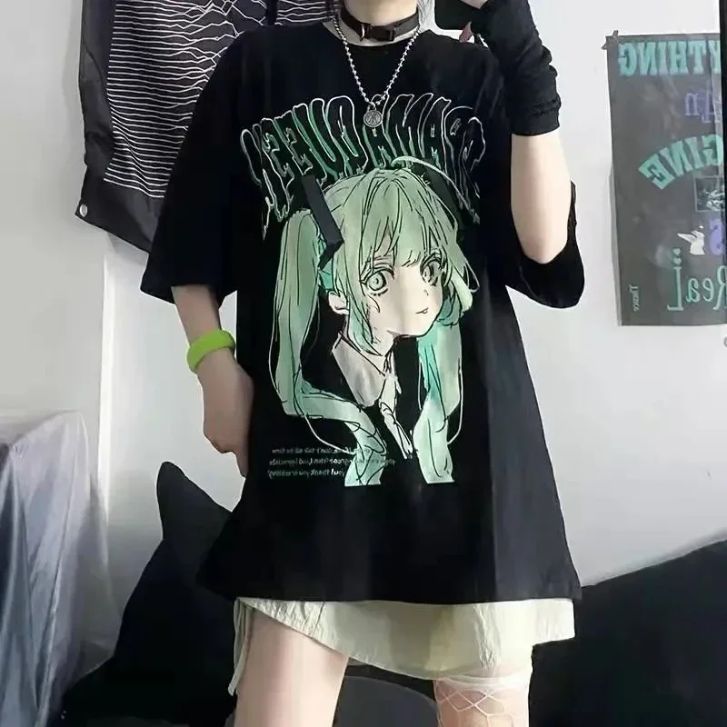 Das Women Harajuku Cartoon Gothic Girl Print T-Shirt, Female Short Sleeved Tops, Black, Korean, Loose, Casual, Anime, Y2K