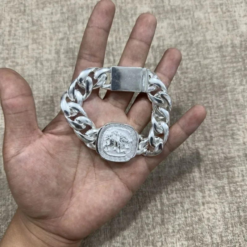 Vintage Pixiu Embossed Cuban Link Bracelet, Chinese Hui Pattern, Retro Punk Thick Chain Unisex Wrist Jewelry