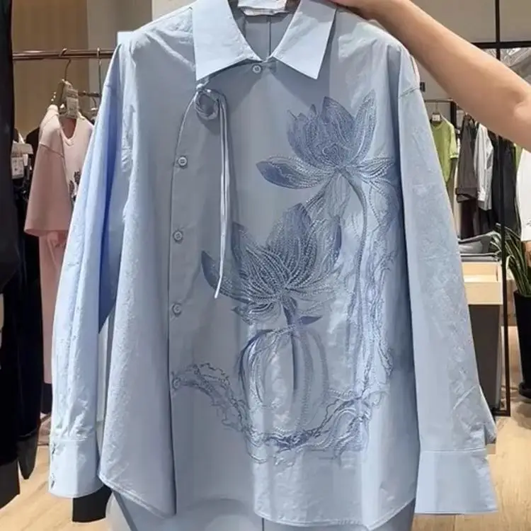 

Spring New Chinese Blue Printed Shirt Women Clothing Neck Retro Embroidery Long Sleeve Loose Casual Blouses Women Top
