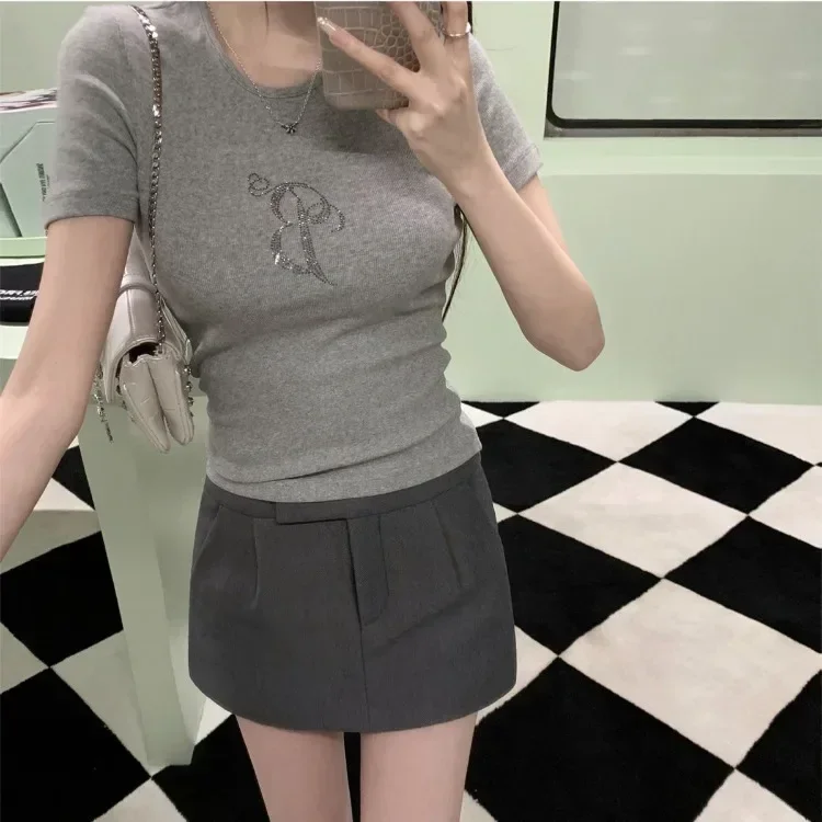 Koreaanse Engelenvleugels T-shirts Vrouwen Print Diamond White Crop Y2K Tops Zomer Harajuku Streetwear Korte Mouw Slanke Tees Kawaii