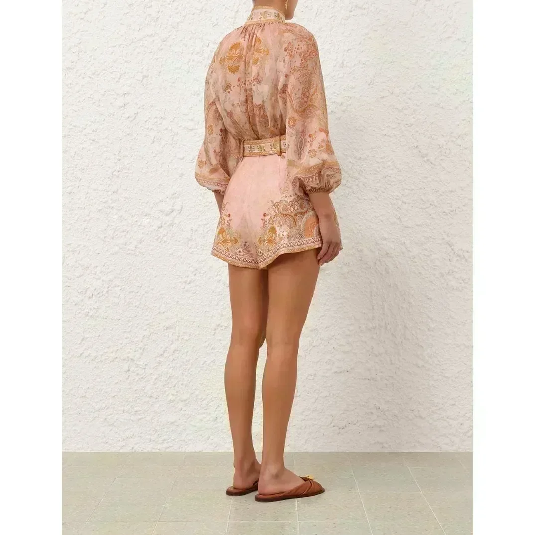 

2024 New Autumn Pink Orange Paisley Print Long Sleeve Blouse Tops for Women