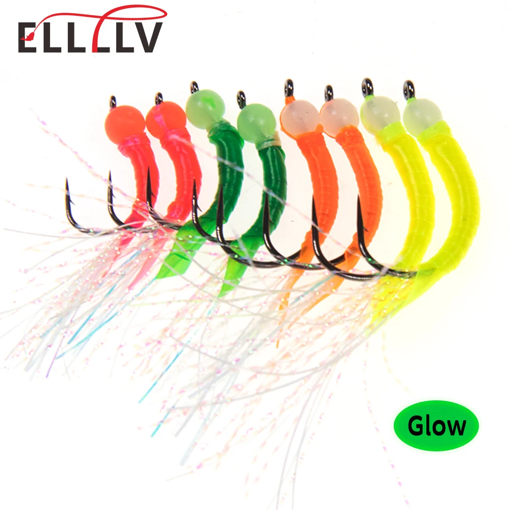 Elllv Offshore Sabiki Rig Worm Hooks Bass Fishing Fly with Glow Beadhead Flash Tinsel Tail Pike Perch Mackerel Fishiing Lure