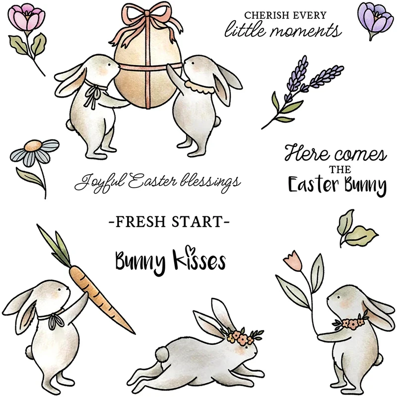 

Happy Easter Rabbits Bunny Floral Cutting Dies Clear Stamp DIY Scrapbooking Metal Dies Silicone Stamp For Cards Album