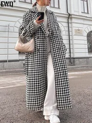 [EWQ] Chic Coats Female Check Long Windbreaker Double Breasted Sashes Fashion Women Winter Trench Outwear  2024 Autumn O1909