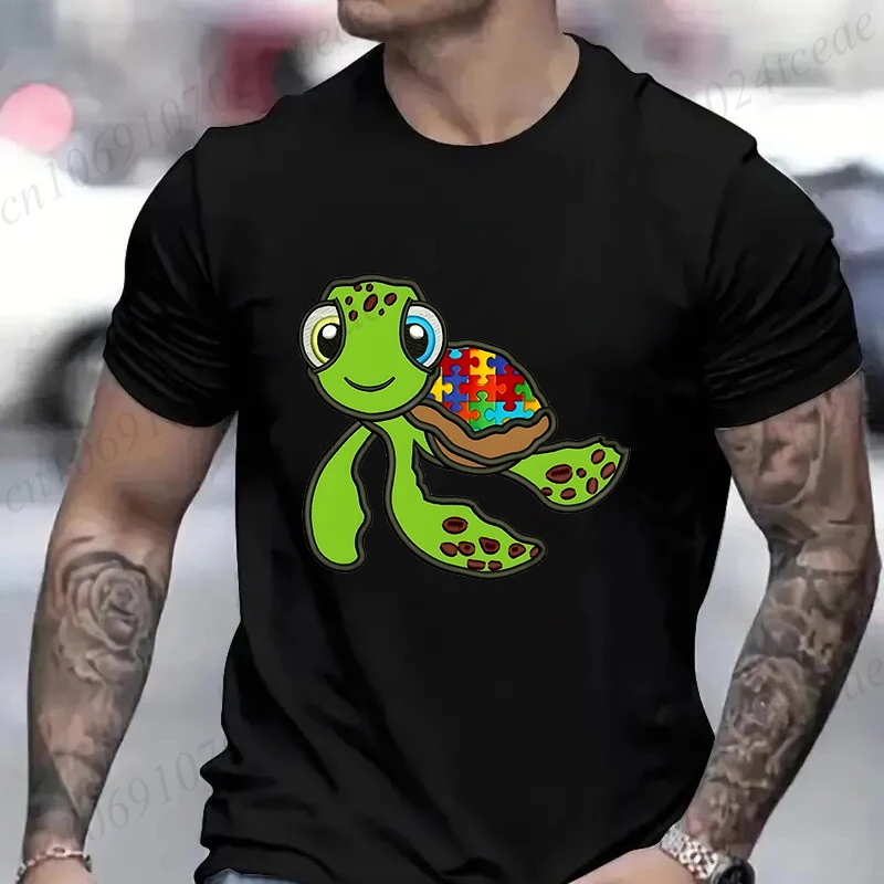 Cute Turtle Autism Awareness Men's  T-shirt Acceptance Neurodiversity Tops Summer Hip Hop Streetwear Oversized Male Clothing