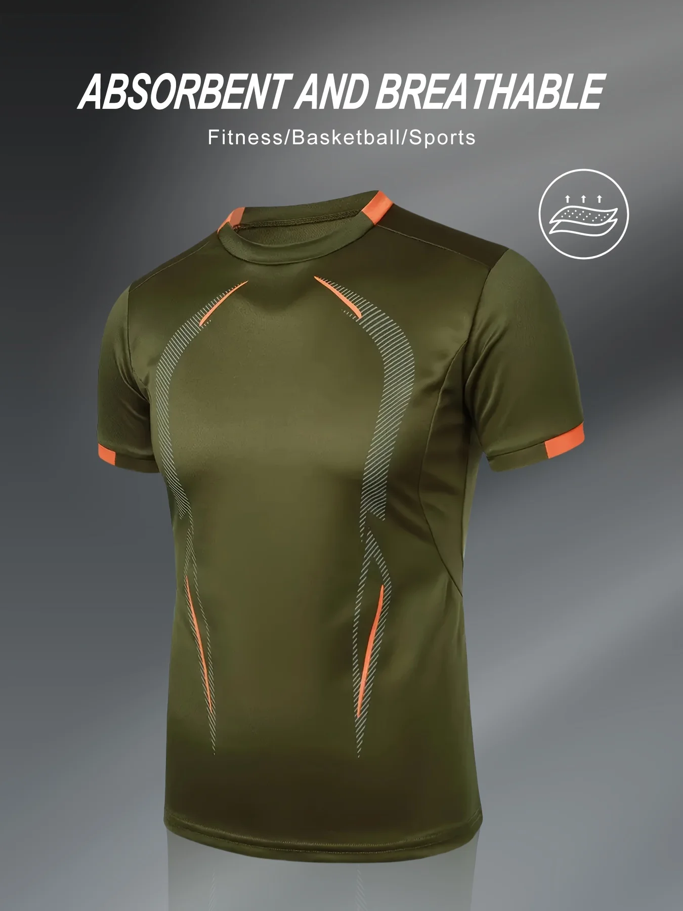Men Sports Tee High Elastic Quick Dry Breathable Black Orange Line Print Gym Basketball Fitness Training Top